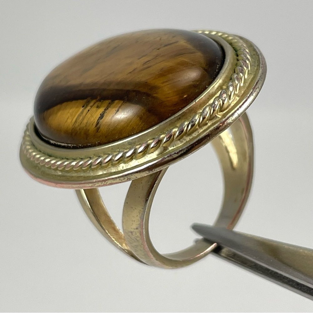 Stunning Silver Tone Oval Cut Tigers Eye Gemstone Statement Ring Stunning Sz 8